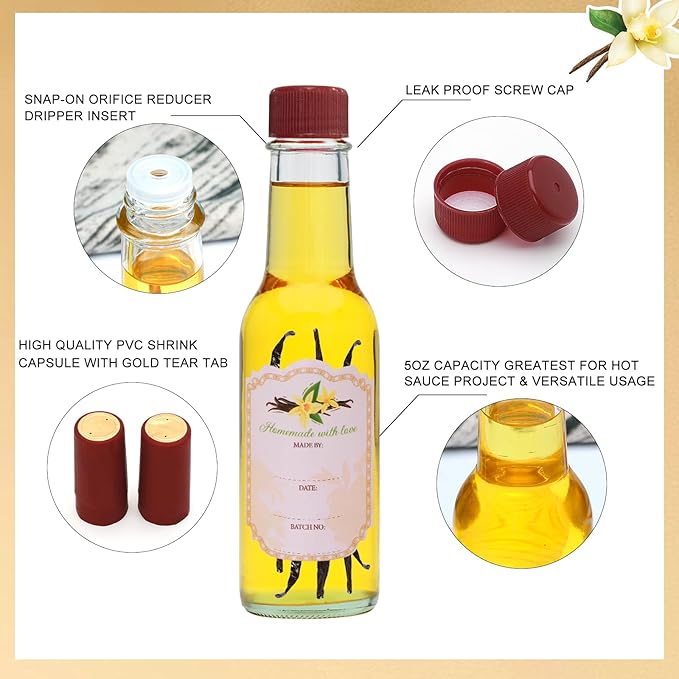 5oz Hot Sauce Bottles With Lids - Clear Woozy Bottles With Shrink Capsules for Vanilla Extract or Wine Making, Set of 16