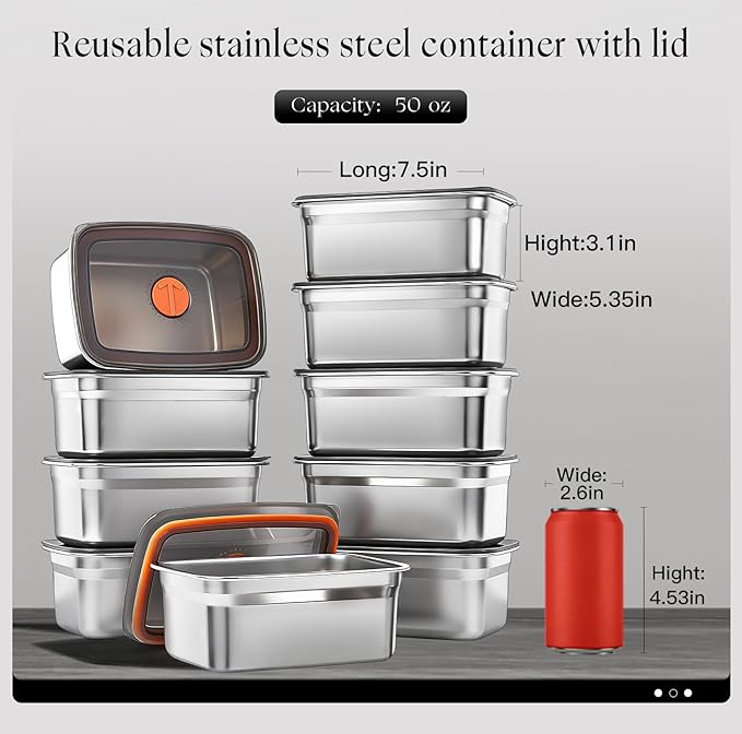 10 Pack Stainless Steel Food Storage Containers with Airtight Lids, 50 Oz Each - Stackable, Leakproof Kitchen/Freezer Meal Prep Containers (Dishwasher Safe)