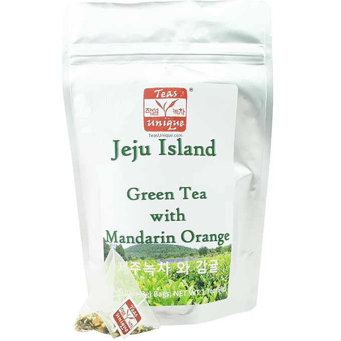 Teas Unique Korean Jeju Island Green Tea with Mandarin Orange, 25 Tea Bags (50g)