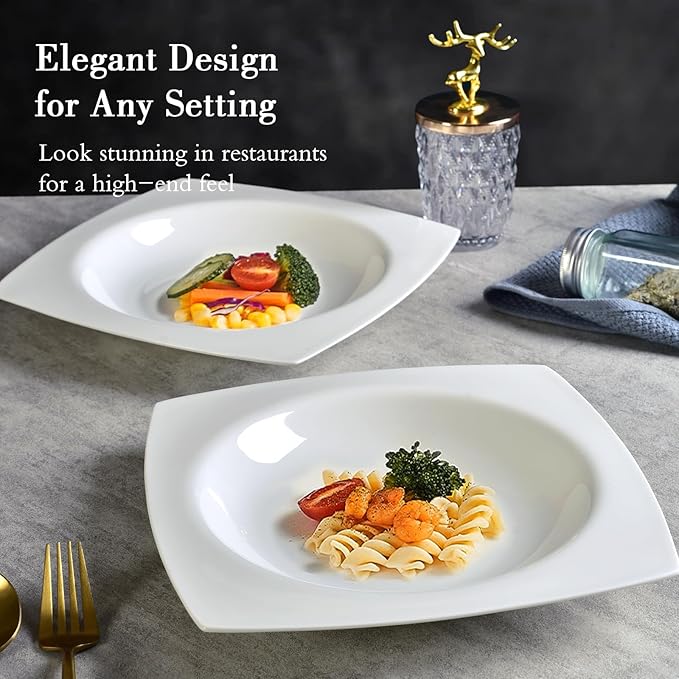 Fine Bone China Square Salad Plates Set of 6-9.25 Inch White Ceramic Stackable Dinner Plates, Oven & Dishwasher Safe for Formal/Casual Dining