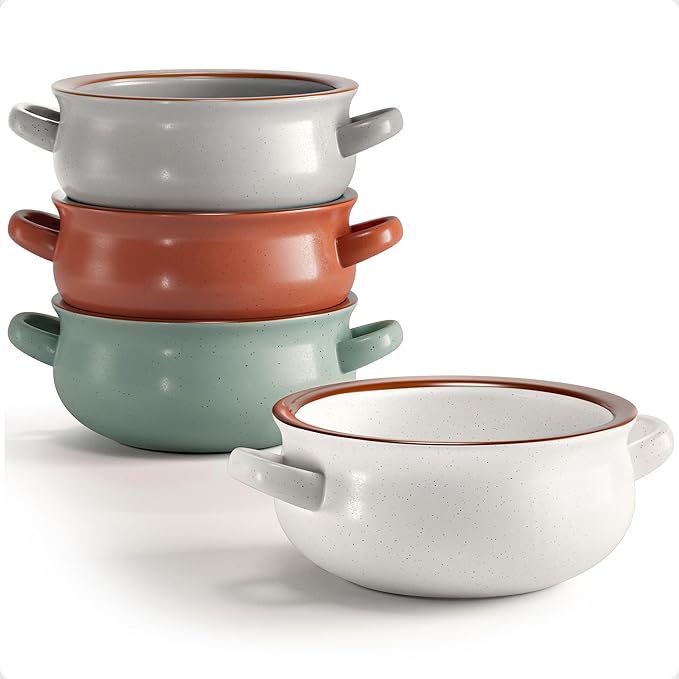 Ceramic Soup Bowls With Handles Set of 4 - 20 oz French Onion Soup Bowls Oven Safe - Dishwasher, Microwave & Oven Safe Bowl Set for Chili, Gumbo, Chowder - Soup Bowl With Handle - French Onion Crock