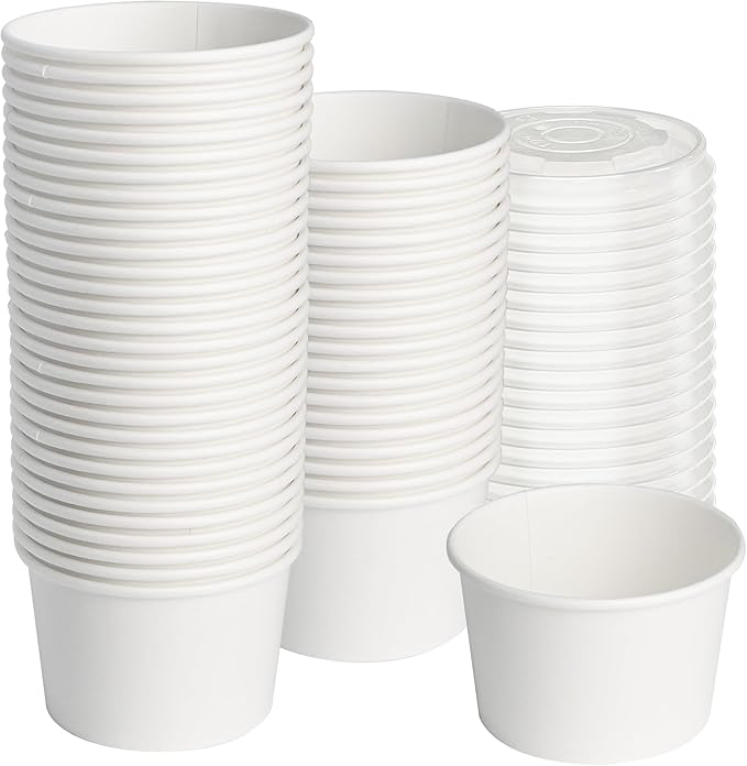ESSENTIAL Paper Ice Cream Cups with Lids, 50pcs 8oz Disposable Dessert Bowls with Lids for Hot or Cold Food, Paper Snack Containers for Sundae, Frozen Yogurt, Soup (White)