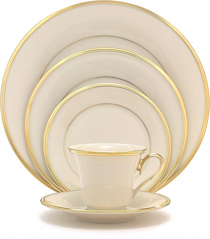Lenox Dinnerware Set, Eternal 5-Piece Place Setting, 24-Karat Gold Accents Set, Service for 1, Made Of Ivory Porcelain, Dishwasher Safe, Plates, Cups And Saucers, Home And Kitchen (Ivory, 5 Piece)