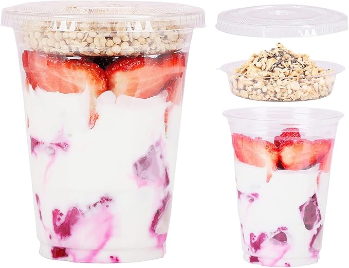Aatriet 16 oz Clear Plastic Parfait Cups with Insert 4oz & Flat Lids No Hole - (50 Sets) Yogurt Fruit Parfait Cups for Kids, for Dips and Veggies, Take Away Breakfast and Snacks. No Leaking