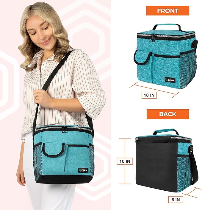 opux Insulated Lunch Box for Men Women Kids, Leakproof Reusable Lunch Bag Cooler for Work School Office, Soft Thermal Lunchbox Tote Shoulder Strap for Boys Girls Adults, Heather Sea Blue, 18 Can/10L