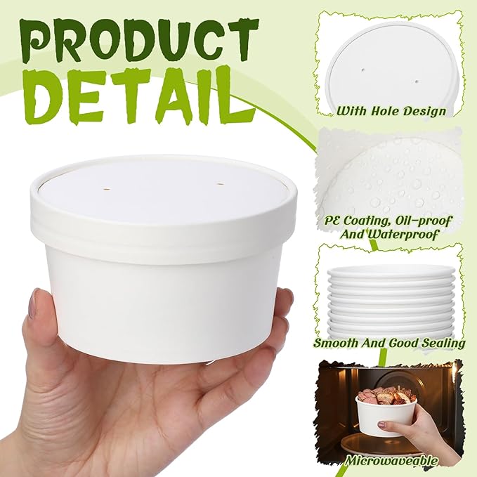Fulmoon 100 Pack Paper Soup Containers with Lids Disposable Paper Food Containers with Vented Lid Kraft Ice Cream Cake Dessert Cups Soup Bowl for Party Hot Food Fruit Microwave(15 oz,White)