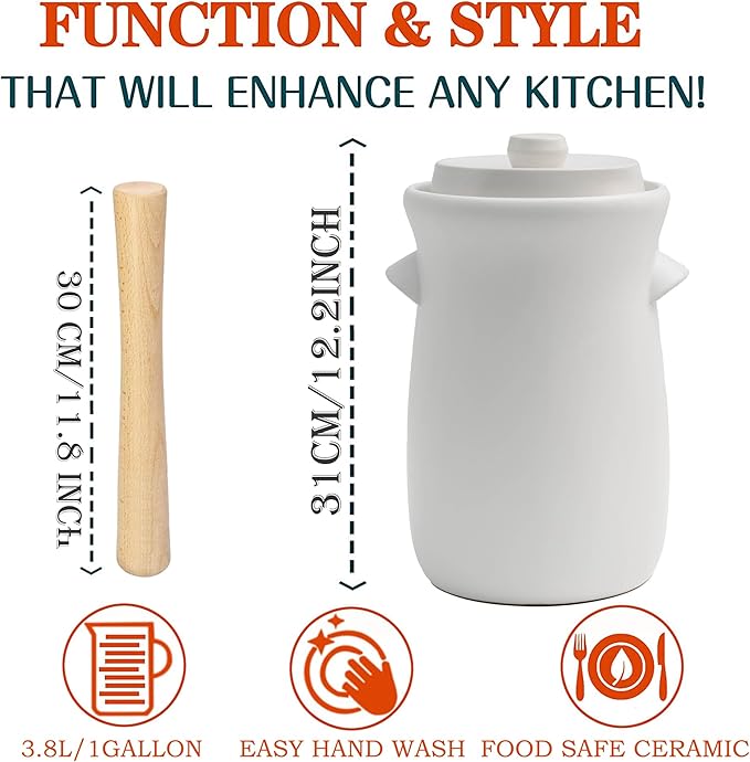 Fermentation Crock 3.8Liter/1 Gallon Stoneware Pot for Fermenting, Pickling Kimchi, Pickles, Vegetables, Kombucha - Glazed Fermenter with Stone Weights, Lid & Pickle Tamper-White Crock