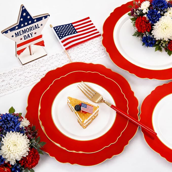 WDF 60pcs Red Plastic Plates with Gold Rim - 10.25inch Red Dinner Plates Disposable Plates for Mother's Day Wedding Party Birthday/Memorial Day/4th of July
