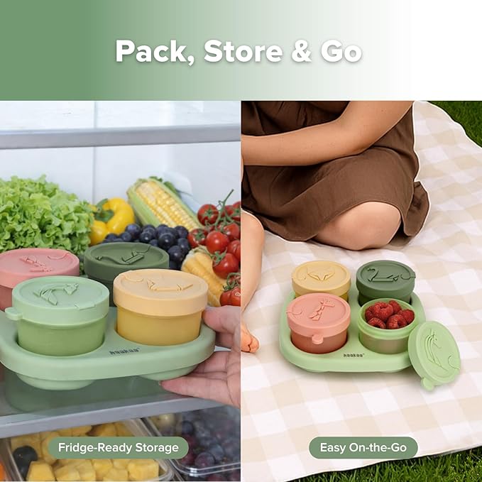 Haakaa Silicone Baby Food Containers, 4oz/120ml Baby Food Jars with Leakproof Lids and Tray, Freezer-Safe Food Storage for Purees & Snacks, 4 Pack,Spring Green Tray