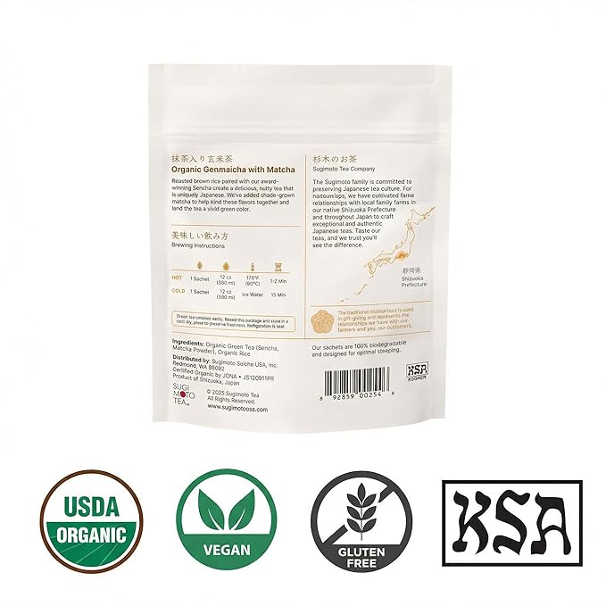 SUGIMOTO TEA Japanese Organic Genmaicha with Matcha Green Tea Bags 12 Count