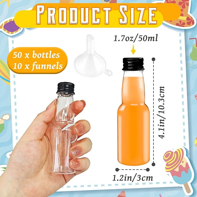 50 Pack 1.7oz Mini Liquor Bottles,Plastic Shot Bottles with Cap Small Water Bottle Empty Alcohol Shot With 10 Funnels for Party Favor,Weddings