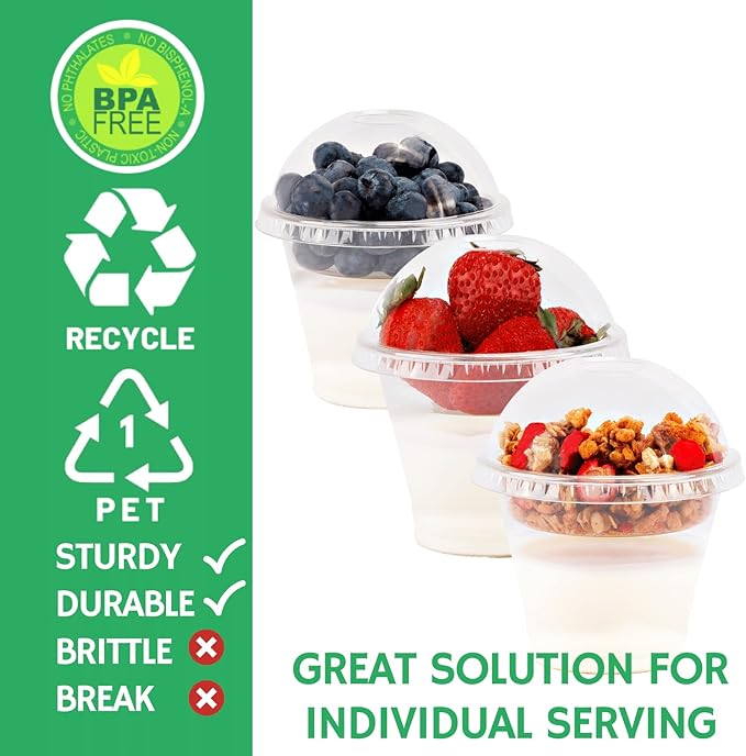 Aatriet 9 oz Clear Plastic Parfait Cups with Insert and Dome Lids No Hole - (50 Sets) Yogurt Fruit Parfait Cups for Kids, for Dips and Veggies, Take Away Breakfast and Snacks. No Leaking