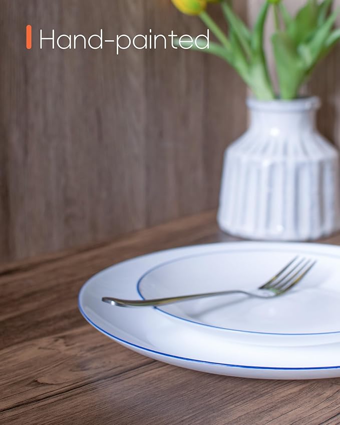 LaGlint 10.5 inch Dinner Plate Set of 6, Lightweight Round Opal Glass Dinnerware Plates, Dishwasher and Microwave Safe, Hand Painted Navy Blue Rim