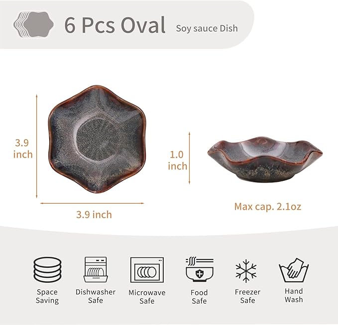 Set of 6 3.9 inch Ceramic Deep Soy Sauce Dipping Bowls Dishes,2.1 oz Small Sauce cups for Condiment Sushi Bowl, Mini Bowl for Side Dish, Ketchup, Soy Appetizer Plates (Caramel Brown)