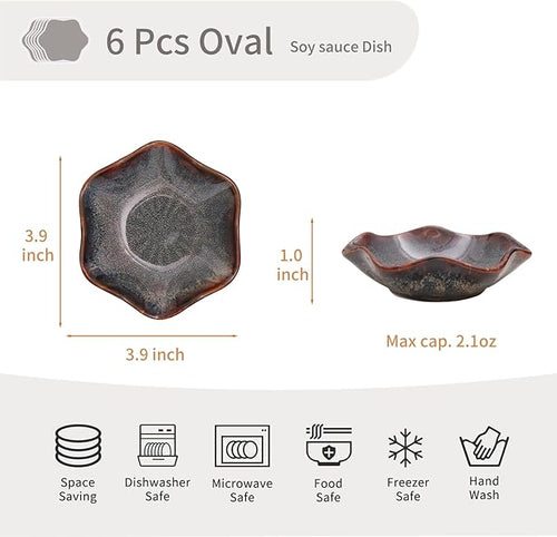 Set of 6 3.9 inch Ceramic Deep Soy Sauce Dipping Bowls Dishes,2.1 oz Small Sauce cups for Condiment Sushi Bowl, Mini Bowl for Side Dish, Ketchup, Soy Appetizer Plates (Caramel Brown)