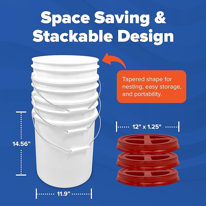 ePackageSupply 5 Gallon Bucket - Food Grade Bucket with Airtight Gamma Seal Screw-On Lid, BPA-Free, Heavy-Duty 90 Mil HDPE Plastic, Bulk Storage, Durable Container, Made in USA, White/Red, 6 Packs