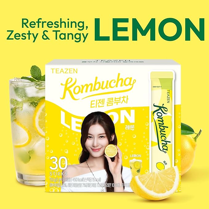 TEAZEN Lemon Kombucha Powder, Hydration Drink Mix, Sugar Free, Live Probiotics & Prebiotics, On-the-Go 30 Packets, 5.29oz