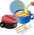 AI LOVE PEACE Ramen Bowls, 40 oz Large Microwavable Noodle Bowls (1 Blue, 1 Red) with Chopsticks, Sporks, and Utensil Bag, Portable Microwave Bowl for Home, Office, Dorm, or College Gift.