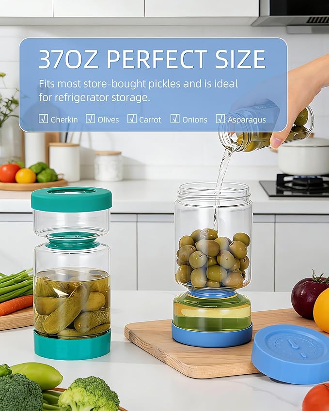 ZENS Pickle Jar with Strainer Flip, 37 oz Hourglass Pickle Juice Separator Container, Airtight Leakproof Lid, 2 Pack Pickling Jars for Olive, Jalapeno Container-Dual Wet-Dry Design