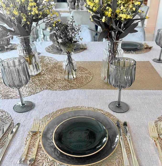 " OCCASIONS " 50 Plates Pack (25 Guests)-Wedding Party Disposable Plastic Plate Set -25 x 10'' Dinner + 25 x 7'' Salad & Dessert plates (Belize in Smoke Gray & Gold)