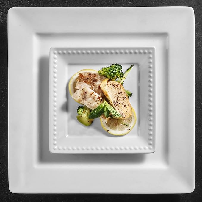 Embossed Ceramic Appetizer & Dessert Plates - Set of 6, 6 inch White Square Dinner Plates for Snack & Restaurant, Dishwasher & Microwave Safe