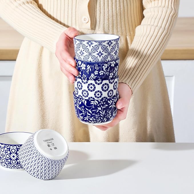 vancasso Selene 8 oz Ceramic Ramekins Set of 6, Large Capacity Oven-Safe Baking Cups for Soufflés, Snack Serving, Desserts, Blue and White Serving Bowls