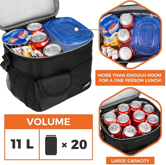 opux Insulated Lunch Box for Men Women Kids, Leakproof Reusable Lunch Bag Cooler for Work School Office, Soft Thermal Lunchbox Tote with Shoulder Strap for Boys Girls Adults, Black, 18 Can/10L