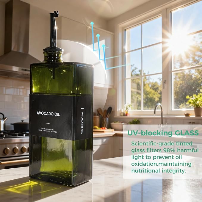 WISIMMALL Olive Oil Dispenser Bottle For Kitchen, 17OZ UV-Blocking Oil And Vinegar Dispenser Set Of 2, Soy Sauce Cooking Oil Dispenser with 2 Stainless Steel Pourers & 44 Labels