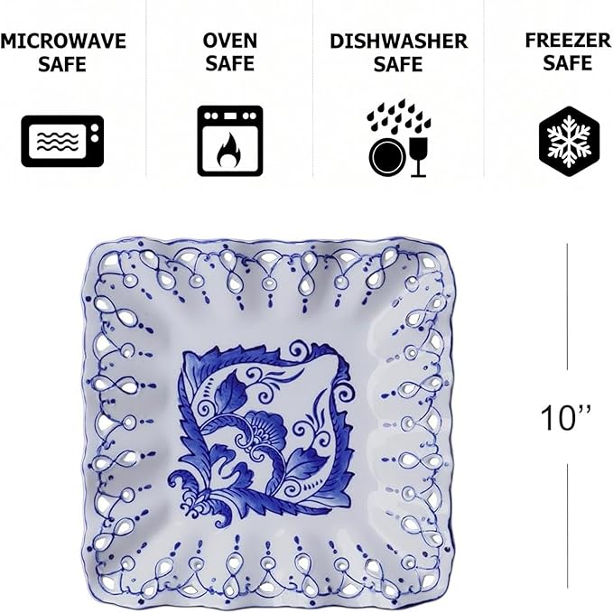 Aimusego Vintage Square Salad Plates, Handmade Decorative Ceramic Dessert Plates for Bread, Butter, Appetizer, Serving Dishes, Trays & Platters, Dishwasher Safe (Square Floral，10‘’)