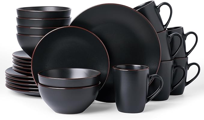 Famiware Venus 24-Piece Stoneware Dinnerware Sets with Mugs, Plates, Bowls, Service for 6, Matte Black - Modern Ceramic Chip‑Resistant Dishes for Everyday & Formal Use, Microwave & Dishwasher Safe