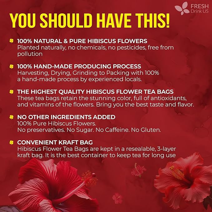 FRESHDRINKUS 140 Hibiscus Flowers Tea Bags, 100% Natural, Pure from Hibiscus Flowers. Loose Flower Hibiscus Herbal Tea. Hibiscus Flower Tea. No Sugar, No Caffeine, No Gluten, Vegan.