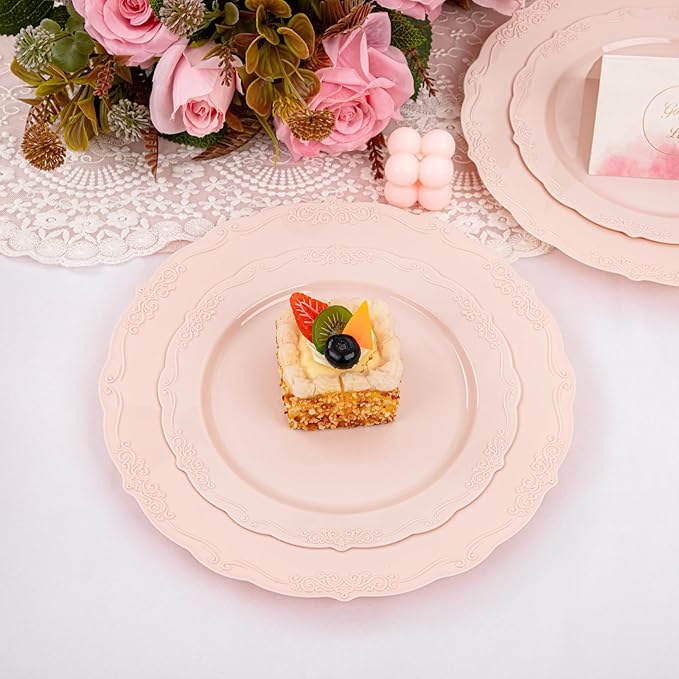 U-QE 100PCS Mauve Pink Plastic Plates - Heavy Duty Pink Disposable Plates for Mothers Day, Party, Baby Shower, Wedding - Serving 50 Guests Include 50PCS 10'' Dinner Plates & 50PCS 7.5'' Dessert Plates