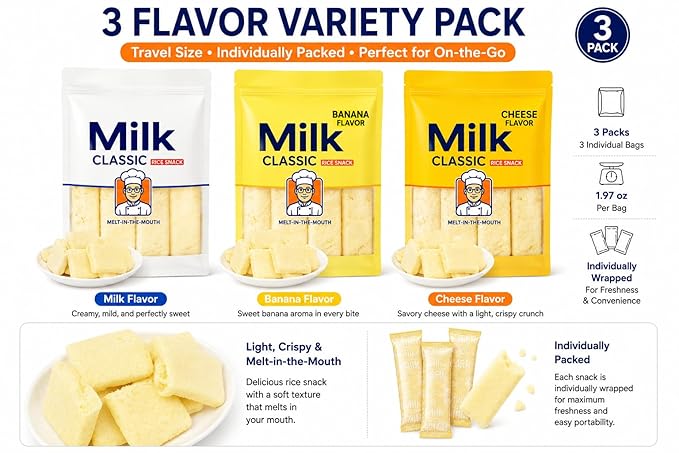 Milk Classic Rice Snack Variety Pack, Korean Crispy Rice Snack, Light & Melt-in-The-Mouth Texture, Individually Wrapped Travel Size Snacks, Banana Cheese Milk Flavors, 3 Pack, 1.97 oz Each