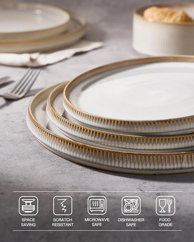 famiware Star Salad Plates for 6, 8 inches Plate Set, Stoneware Dinnerware, Small Dinner Plates for Dessert, Salad, Appetizer, Cappuccino White (Pack of 2)
