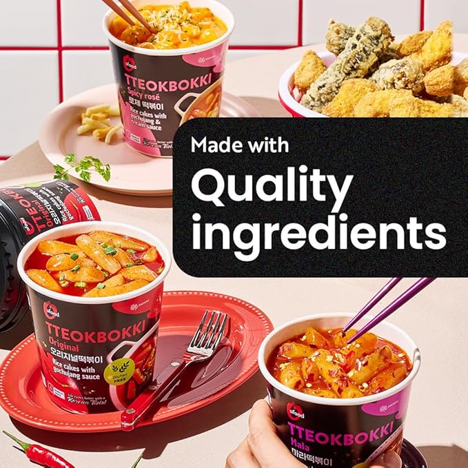 Spicy Cup Tteokbokki Instant Rice Cakes Korean – [Original (Gochujang) | Pack of 6] – Ready in 3 Minutes | Gluten-Free, Chewy, Quick & Easy Meal | Street Food Snack | 0 Cholesterol/ 0 Trans Fat - O’food