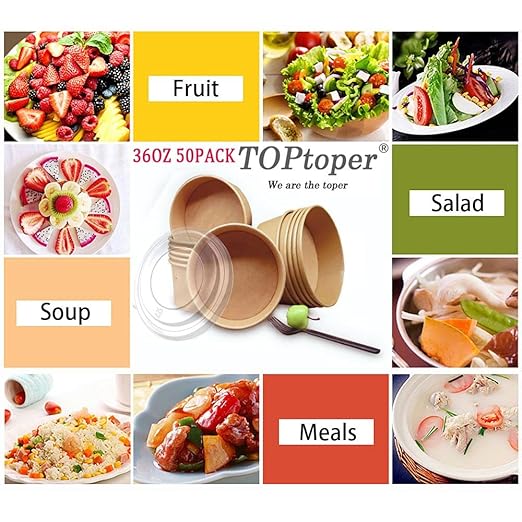 TOPtoper 36Oz 50Pcs Large Paper Bowls with Lids, Disposable Soup Serving Bowls Bulk Party Supplies for Hot/Cold Food, Soup (36 OZ)