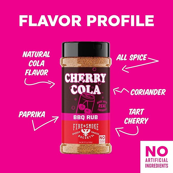 Fire & Smoke Society Cherry Cola Dry Rub | BBQ Seasoning for Smoking and Grilling Meat | Rib Rub, Brisket Seasoning, Pulled Pork Rubs and Spices | Allspice and Natural Cola Flavor | XL 12.7 oz