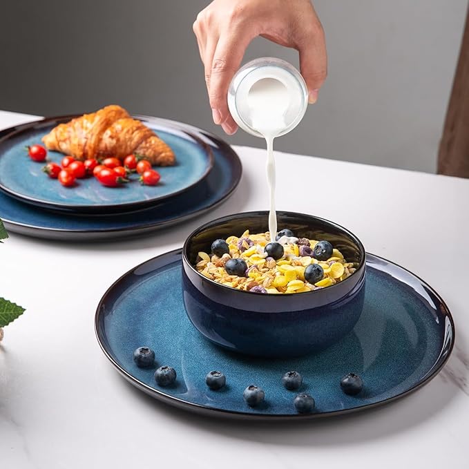 LERATIO Ceramic Plate Set of 6,8.5 Inch Reactive Glaze Light Weight Porcelain Salad Plates,Modern Shape Dinnerware Dishes Set for Kitchen,Microwave&Dishwasher&Oven Safe,Resistant-Indigo Blue