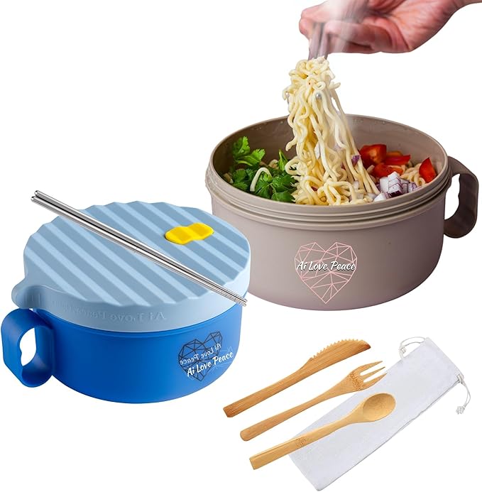 AI LOVE PEACE Microwave Noodle Bowl Set of 2, 40 oz Ramen Bowls with Lids, Dishwasher Safe Soup Bowl for Ramen, Pho, Pasta, Rice, College Dorm Essentials (Beige & Blue)