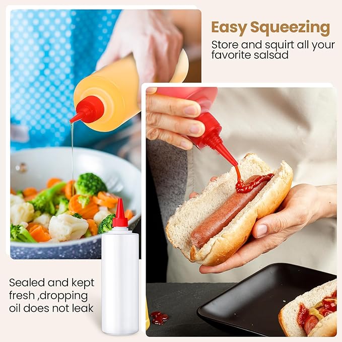 Irenare 30 Pack Plastic Condiment Squeeze Bottles for Sauces Empty Squirt Bottle with Top Cap for Condiment BBQ, Dressing, Paint, Workshop, Crafts(Classic,16 oz)