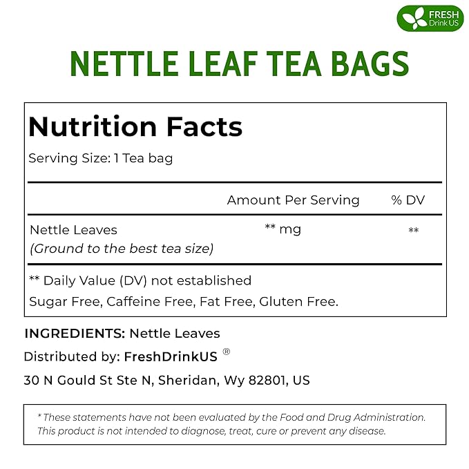 FreshDrinkUS, Premium 75 Nettle Leaf Tea Bags, 100% Natural & Pure, Stinging Nettle Leaf Tea, Burn Nettle, Stinging Nettle, Stinger Tea, No Sugar/Caffeine/Gluten, Vegan