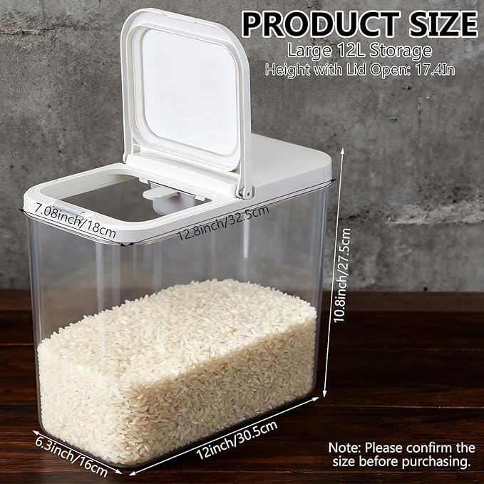 YEXEXINM 20-25 lbs Rice Dispenser with Measuring Spoon 11.4Qt/12L Tall and Narrow Food Storage Flour Bin Large Airtight Food Storage Rice Container for Kitchen Pantry Organization Slim Space-Saving