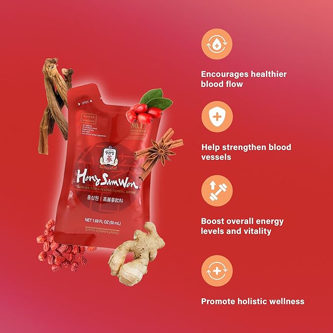 JUNG KWAN JANG HongSamWon Korean Red Ginseng Herbal Drink | Energy Drink, Pre Workout, Ginseng Supplement, Herbal Tea | Korean Red Ginseng Extract, Jujube, Ginger, Cinnamon | Vegan Friendly | 20 Count