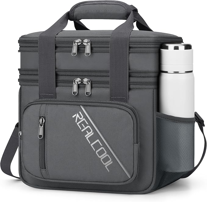 RealCool Lunch Bag, Insulated Lunch Box for Men Women, Double Deck Leakproof Soft Cooler Bag with Adjustable Strap, Reusable Lunchbox for Work, Travel, Camping (Grey)