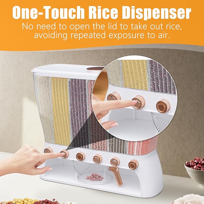 6 Grids Rice & Grain Storage Container 22.05 Pounds Rice Dispenser Food Dispenser Grain Dispenser One-Button Pressing Storage Bucket for Grains Snacks Candy Coffee Beans Dog (White)