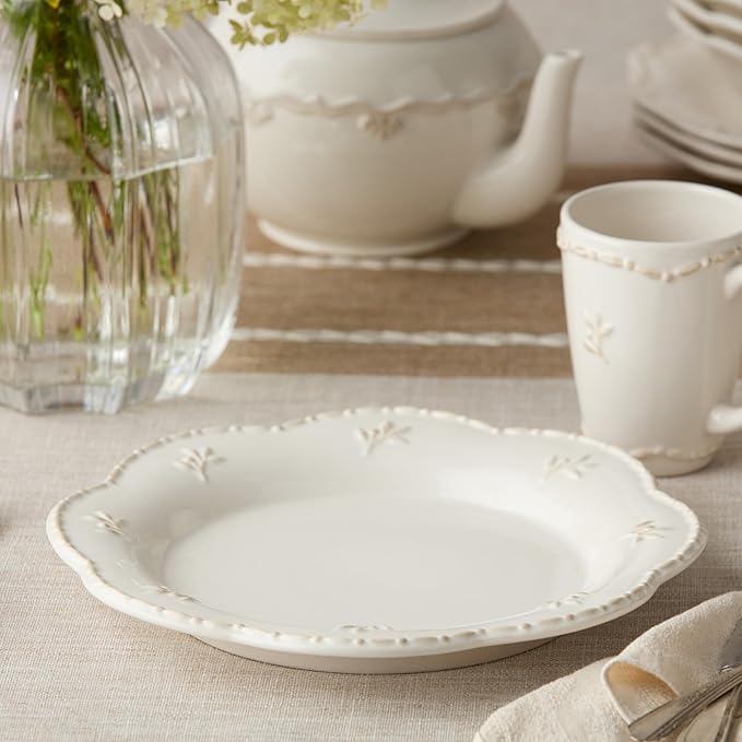 Heritage Beads 11-Inch Stoneware Dinner Plates – Elegant Scalloped Rim Plates with Embossed Beading, Set of 4 – Timeless Off-White Plates for Dinner Parties, Holidays & Everyday Use