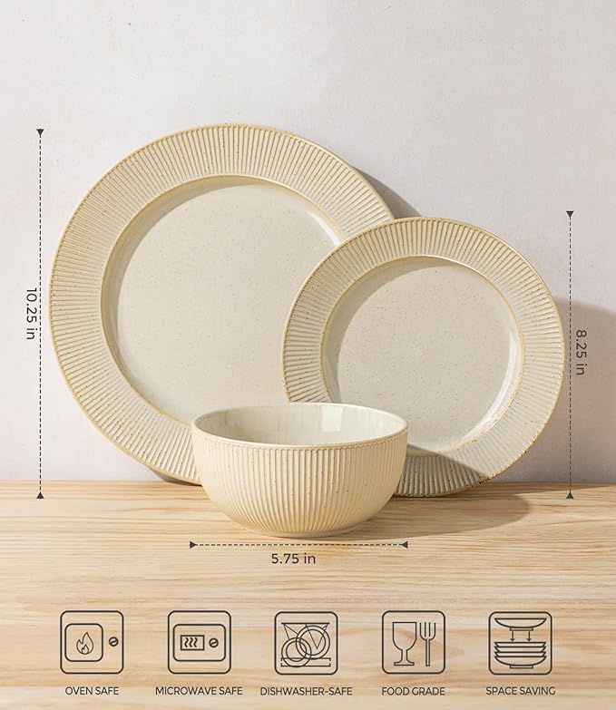 TheTerra Stoneware Dinnerware Sets for 6, 18 Pieces Ceramic Plates and Bowls Sets, Scratch Resistant Embossed Dish Set, Oven, Microwave & Dishwasher Safe, Cappuccino