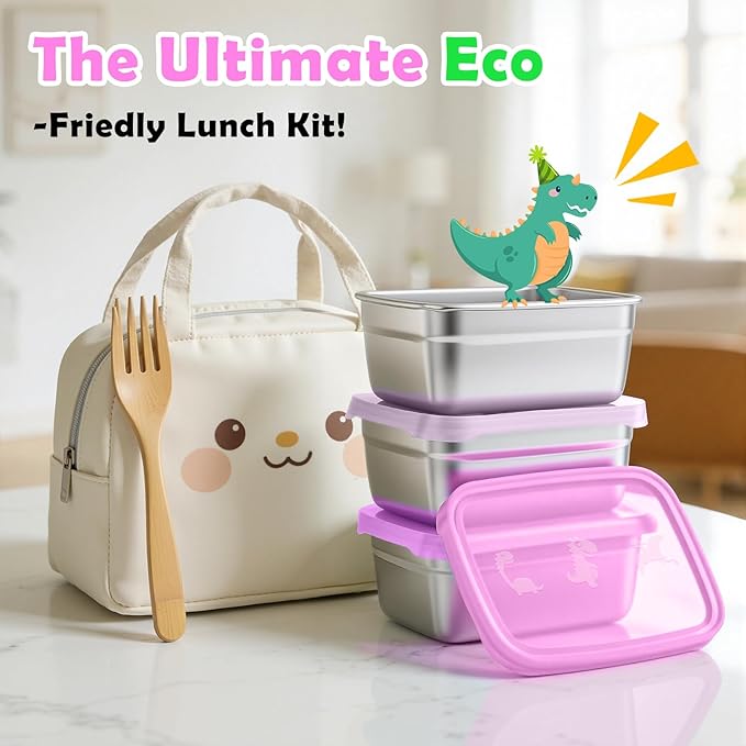 Tanjiae 3-Pack Stainless Steel Snack Containers for Kids & Toddlers - 550ml (18oz) Leakproof Colorful Lids with Cute Dinosaurs | LFGB Certified, Stackable Metal Lunch Box for Daycare, School, Travel
