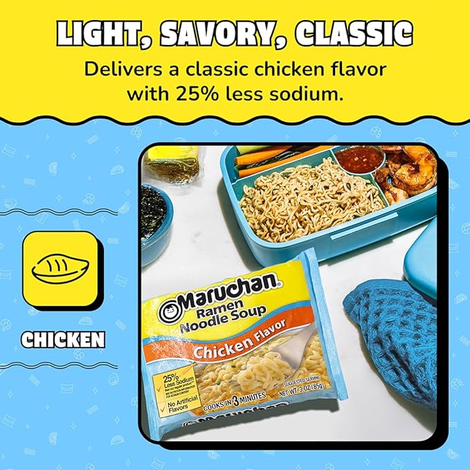 Maruchan Ramen Noodle Soup, Less Sodium Chicken Flavor – Japanese-Style Instant Noodles, Quick & Easy Meal for Kids, Students & Busy Families – 3 Oz. (24 Pack)