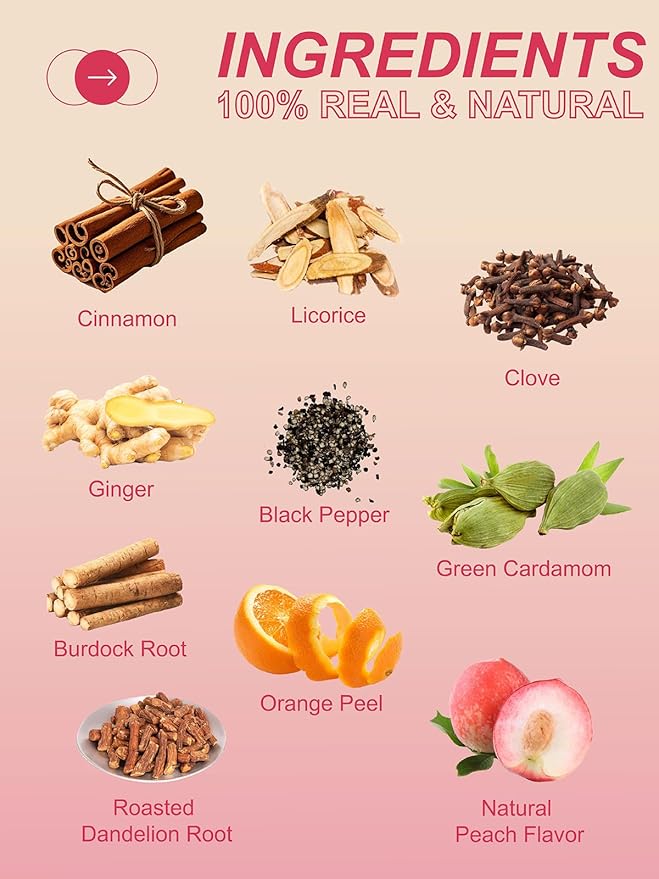 TeeLux Peach Dandelion Burdock Root Tea Bags, Sweet Cinnamon with Zesty Ginger & Toasty Roasted Dandelion Root, Caffeine Free, 100 Count